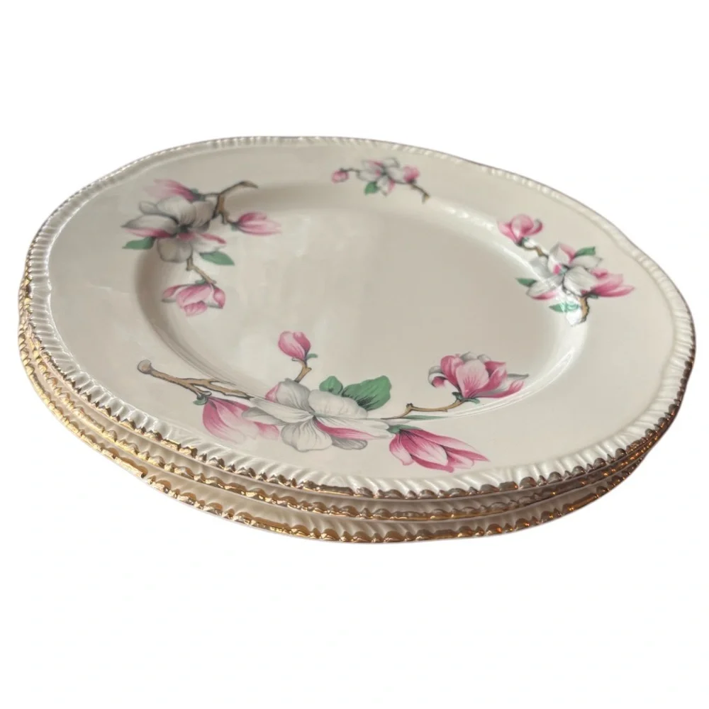 Vintage Pink Floral Plates Homer Laughlin Dogwood Gold Trim Fine China 3 Pc Set